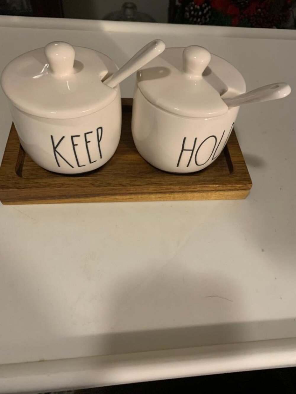 Rae Dunn Kitchen 'HOLD + KEEP" Jars with Lids, Spoons and Wood Tray